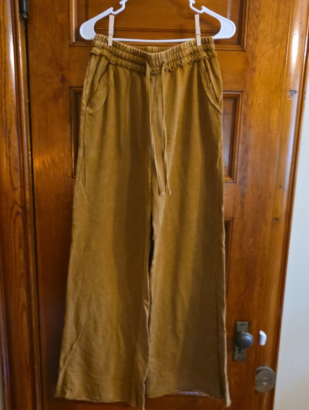 Zenana French Terry Raw Hem Palazzo Pants Camel